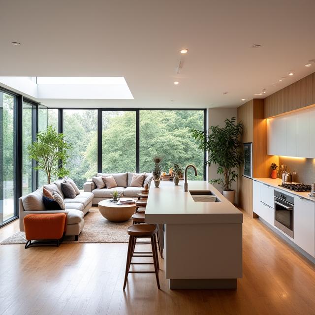 Cocina con península integrada en el salón, creando un espacio diáfano y funcional.