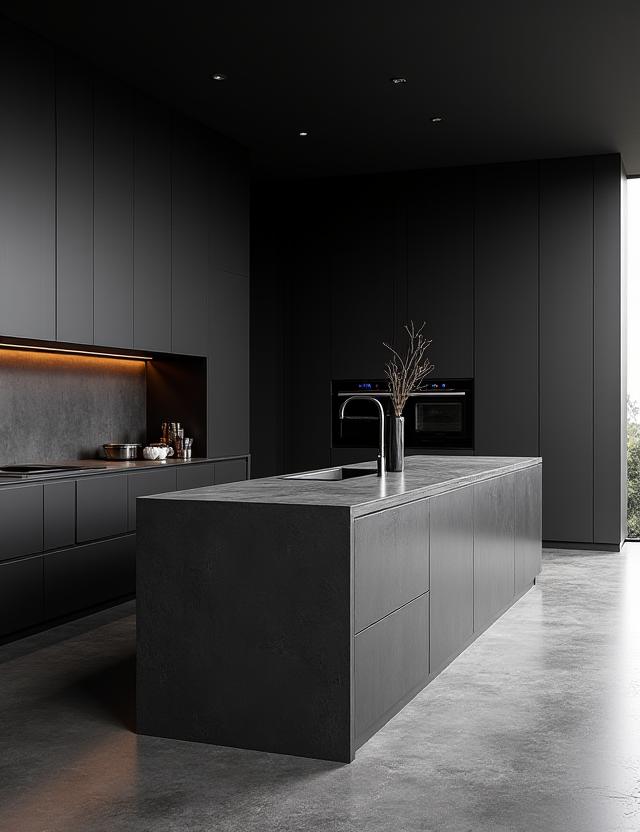 Cocina minimalista con acabados en negro mate y una isla de hormigón pulido.