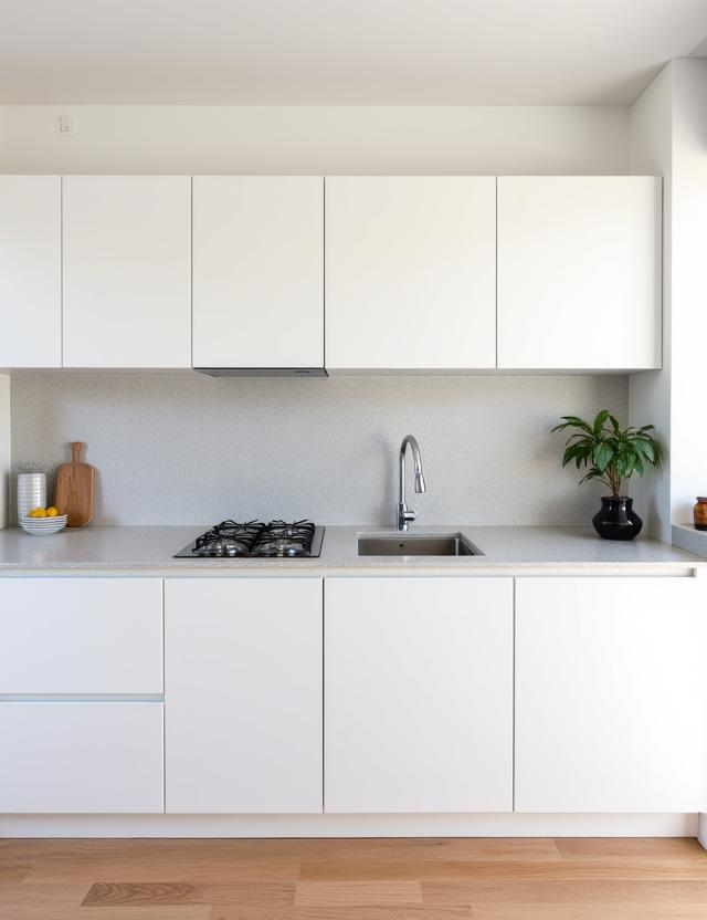 Cocina moderna con armarios blancos sin tiradores y encimera de cuarzo gris.