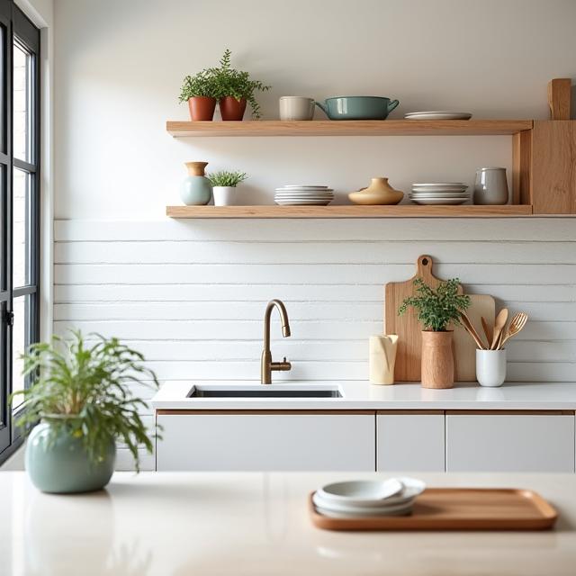 Cocina de estilo nórdico con madera clara y azulejos tipo metro blancos.