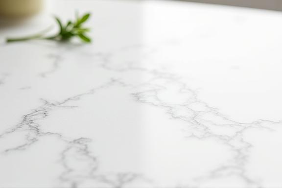 Primer plano de una encimera de cuarzo blanco con veta gris.