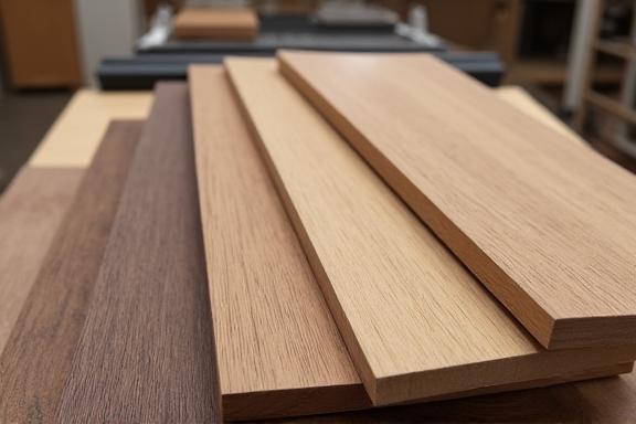 Muestras de diferentes acabados de madera para frentes de armario.